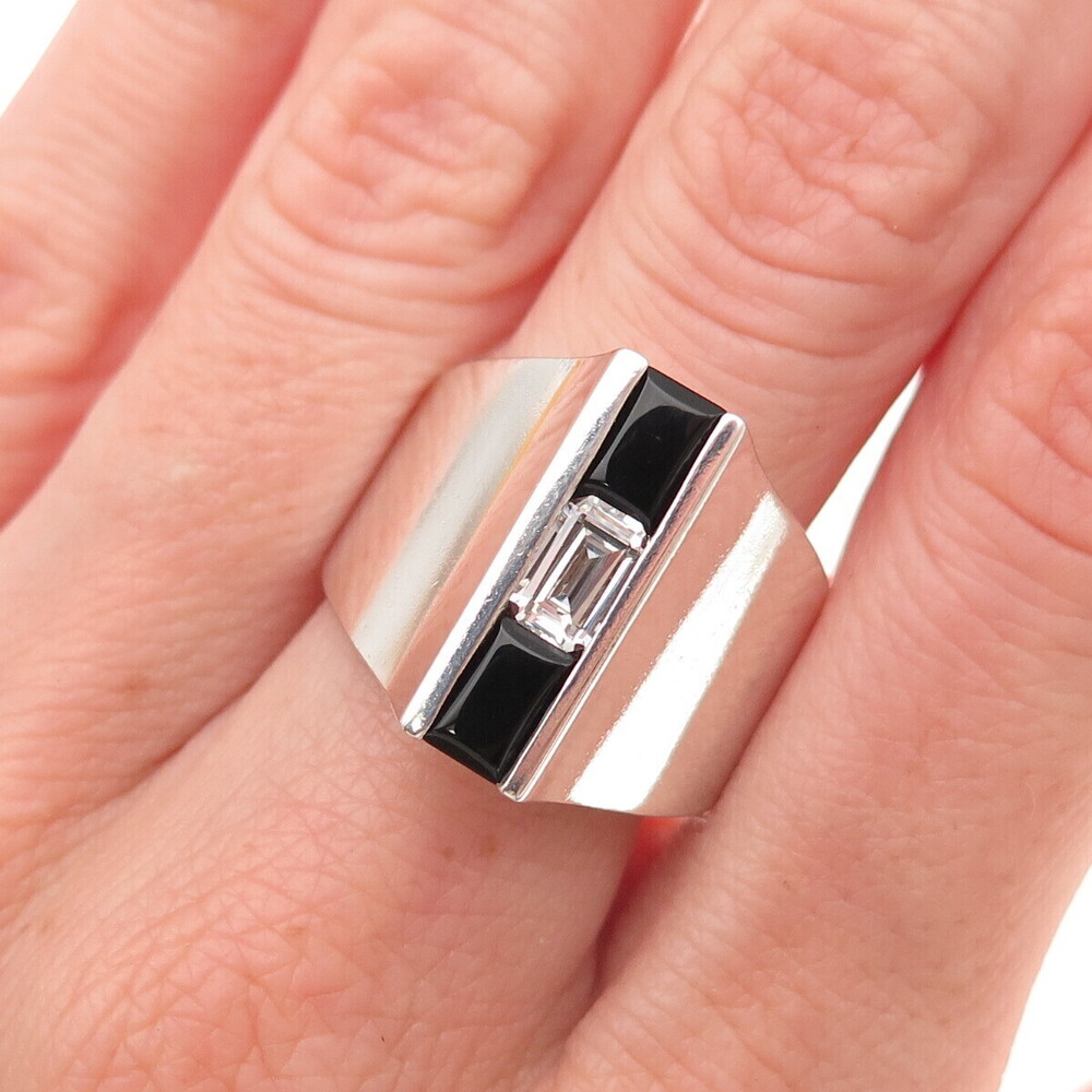 Tom Solon 925 Sterling Silver Vintage Real Black Onyx & C Z Ring Size 9.25